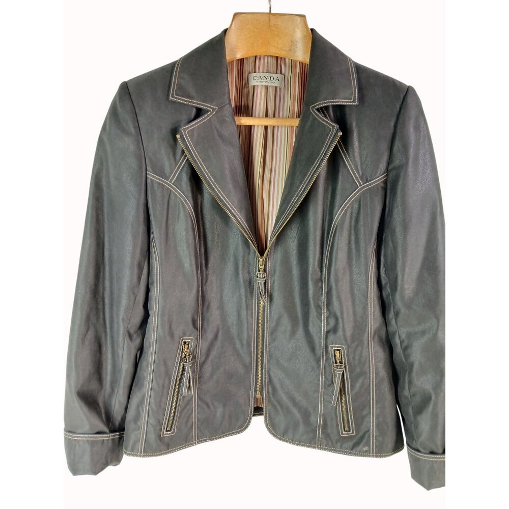 CANDA C&A Womens Black Faux Leather Jacket Zipper Closure Contrast Size 40 Moto